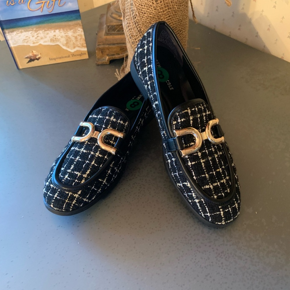 Kenneth Cole, NEW NEVER WORN, BLACK, WHITE and GOLD tweed plaid Larisa loafers.